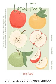 Fruit apple juice card design. Sweet apple fruits vector hand drawn banner concept. Bright tasty fruit. Juice or jam poster template for autumn farm market.