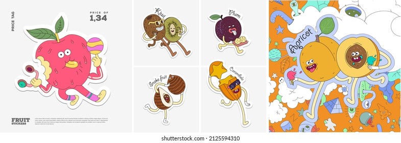 Fruta. Apple, Kiwi, Plum, Snake, Carambola, Apricot. Conjunto de pegatinas vectoriales. Personajes divertidos al estilo de doodle. Iconos dibujados a mano con un golpe.