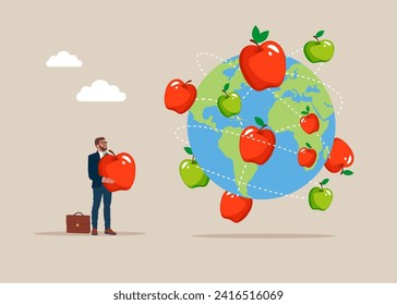 Fruit apple on world map across globe. Think big, aspiration to win and success in business. Flat vector illustration