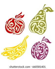 Fruit. Apple, pear, bananas, plum are drawn from Kazakh ornaments