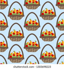 Fruit Apple Pear Basket pattern on the blue background. Vector illustration