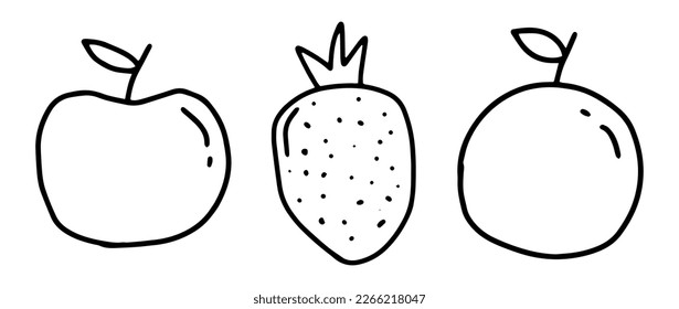 Fruit apple, strawberry, orange icons design collection. Hand drawn doodle plant symbol.