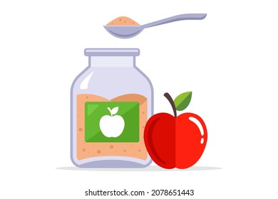 Fruit Applesauce In A Glass Jar. Spoon With Baby Food. Flat Vector Illustration.