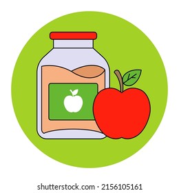 Fruit Applesauce In A Glass Jar. Spoon With Baby Food. Flat Vector Illustration.