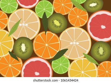 fruit arranged in the background.