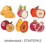 Fruit artwork for for t shirt and poster. Fresh apple, mango, dragon, papaya, passion fruit, pomegranate fruit artwork.