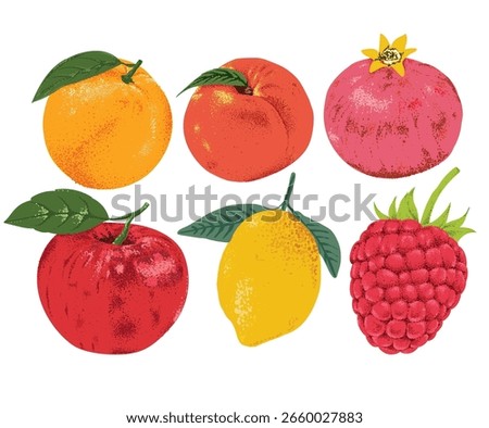 Fruit artwork for for t shirt and poster. Peach, Orange,  apple, pomegranate, lemon, pear, passion fruit and raspberry graphic print. Mix fruit set design. Summer design.