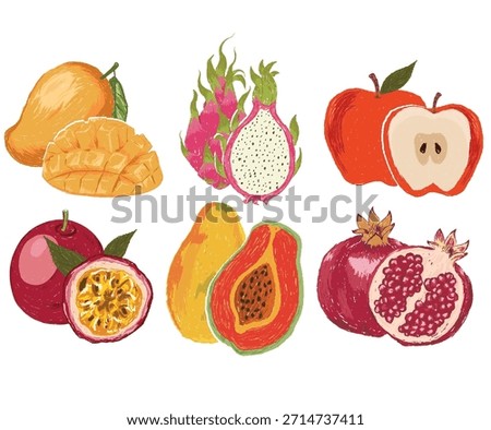 Fruit artwork for for t shirt and poster. Fresh apple, mango, dragon, papaya, passion fruit, pomegranate fruit artwork.