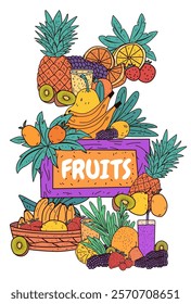 Fruit assortment colorful tropical fresh produce. Pineapples bananas oranges kiwis berries in vibrant arrangement with juice and leaves. Perfect for poster or banner