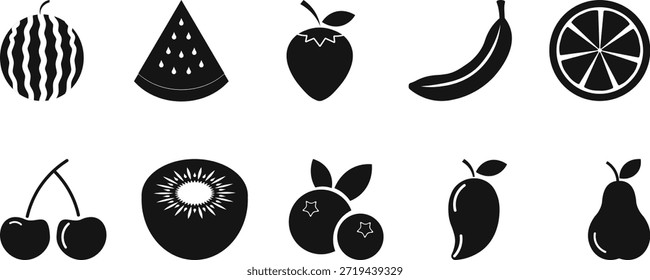 Silhuetas de sortimento de frutas Uma coleção de ilustrações de frutas, cada uma uma silhueta elegante e preta