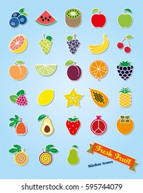 Fruit Assortment Sticker Icon Vector Set. Collection of 25 fresh fruit symbols 