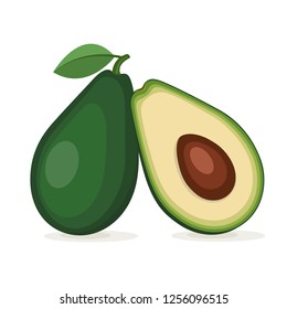 Fruit of avocado tree, the whole one and in a cut. Elements in groups. 
