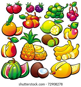 The fruit. Baby food. Isolated-background objects. Vector illustration. In this style there are files: vegetables, baby food, baby toy.