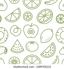 Fruit background, abstract food seamless pattern. Fresh fruits wallpaper with apple, banana, watermelon, lemon line icons. Vegetarian grocery vector illustration, green white color.