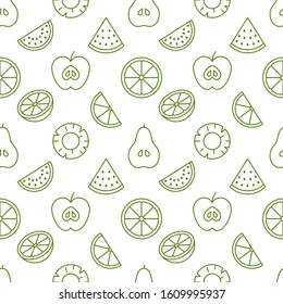 Fruit background, abstract food seamless pattern. Fresh fruits wallpaper with apple, banana, watermelon, lemon line icons. Vegetarian grocery vector illustration, green white color.