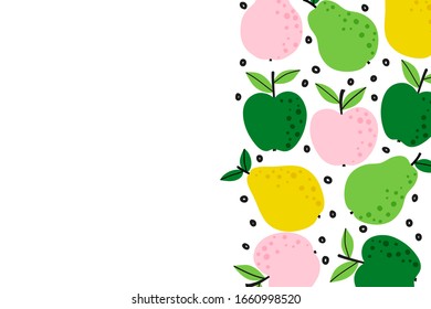 Fruit background with apple and pear drawing. Summer color template to place text for healthy food eating or recipe. Horizontal banner. Flat lay of top view in cartoon style. Vector berry illustration