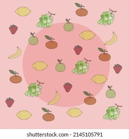 fruit background banana pear grapes orange tangerine apple postcard pink