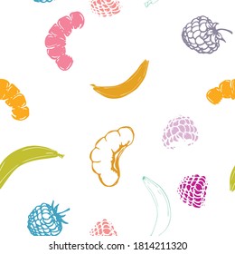 Fondo de fruta. Plátanos, rodajas de cítricos, bayas. Patrón veloz.
