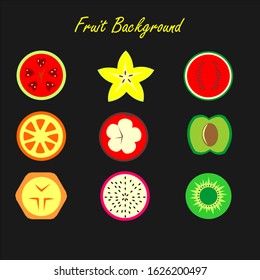 fruit background with bananas, star fruit, avocado, orange, mangosteen. 
Vector illustration of seamless patterns for backgrounds and wallpapers