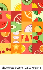 Fruit background. Fruit bauhaus. Fruit pattern. Colorful summer style modern illustration with apple, orange, watermelon, mango, banana, berries, lemon for banner, wallpaper, sign, poster, card, flat.