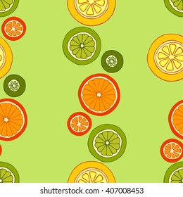 Fruit background. Collection of citrus slices - orange, lemon, lime and grapefruit, citrus pattern, vector illustration