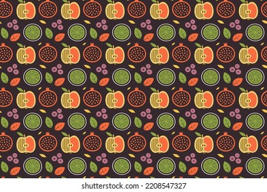 Fondo de fruta con diferentes bayas, hojas de estilo plano estilizado. Coloridas pinturas aisladas con manzana, granada, kiwi, arándano para vegetariano, menú vegetariano de café, papel envolvente