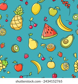 Fruit background with doodle strawberry, apple, lemon and banana. Seamless pattern with pear, pineapple, orange, kiwi and watermelon slice. Fruit and berries pattern, vector sketch illustration