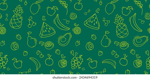 Fruit background with doodle strawberry, apple, lemon and banana. Seamless pattern with pear, pineapple, orange, kiwi and watermelon slice. Fruit and berries pattern, vector sketch illustration