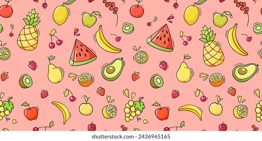 Fruit background with doodle strawberry, apple, lemon and banana. Seamless pattern with pear, pineapple, orange, kiwi and watermelon slice. Fruit and berries pattern, vector sketch illustration