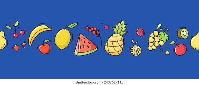 Fruit background with doodle strawberry, apple, lemon and banana. Seamless pattern with pear, pineapple, orange, kiwi and watermelon slice. Fruit and berries pattern, vector sketch illustration