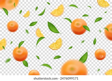 Fruit background. Flying oranges. Fresh juice. 3D falling citrus slices. Mandarin half cut. Realistic summer ripe food. Blurry tropical leaves. Natural vitamin products. Vector transparent backdrop