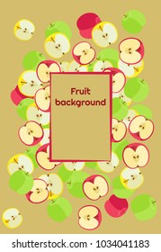 Fruit background of fresh colored whole apples and halves with a frame for text