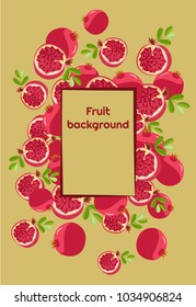 Fruit background of fresh colored whole pomegranates and halves with leaves and a frame for text