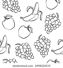 Fruit background. Grapes, apples and bananas on a white background. Seamless background with fruits and berries. Endless background with products. Outline drawings
