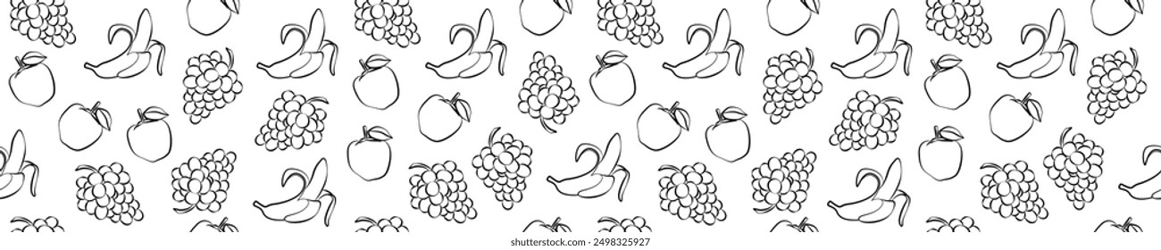 Fruit background. Grapes, apples and bananas on a white background. Seamless background with fruits and berries. Endless background with products. Outline drawings