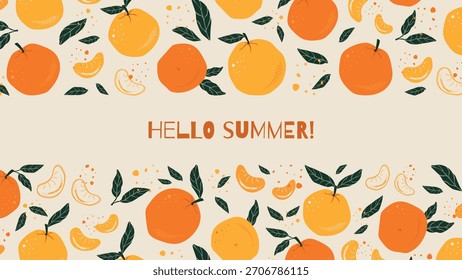 Fondo de frutas Con la mano dibujar mandarinas o naranjas con hojas y rodajas con un lugar para el texto. Diseño de Vector de verano para Anuncios, carteles, volantes, postales
