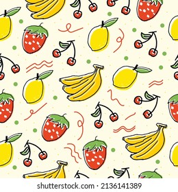 fruit background. lemon, cherry, banana and strawberry fruit illustration with polka and abstract line. hand drawn vector. seamless pattern with fruit icon. doodle art for wallpaper, wrapping paper. 