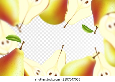 Fondo de fruta. Peras voladoras 3d realistas. Artículos enteros y jugosos con hojas. afiche de comida para la salud. Objetos focalizados y borrosos. Nutrición vegetariana. Recorte de riego