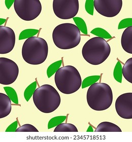 Fondo de fruta - ciruelas maduras sobre un fondo amarillo claro. Ilustración vectorial sin inconvenientes.