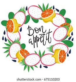 Fruit background in round shape and inscription- bon appetite. Vector illustration.