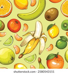 Fruit Background. Seamless Pattern with fresh fruits. Seamless pattern with fruits. Food Pattern. Fruits Background. Mixed fruits Pattern. Kitchen vibrant design. Hand drawn vector illustration