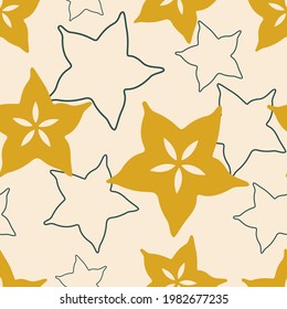 Fruit background with a simple image and the contours of the caramboli pieces. Vector design for decoration of fabrics, wrapping paper, tablecloths, napkins, wallpaper, etc.