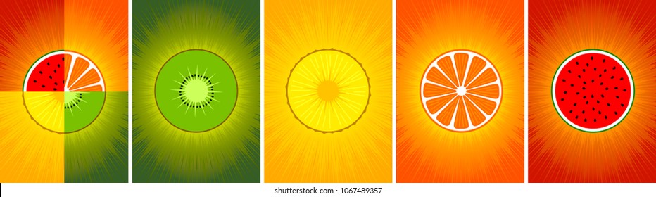 Fruit background for summer poster. Halves of Watermelon, kiwi, Mandarin, orange, pineapple. Set