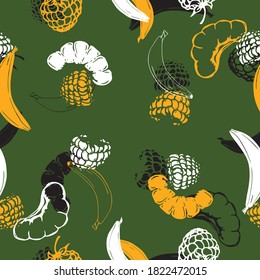 Fruit background. A variety of ripe fruits. Berries, bananas, slices of orange, tangerine, pineapple. Festive background. Vector seamless pattern.

