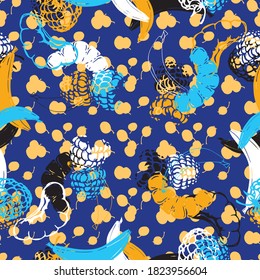 Fruit background. A variety of ripe fruits. Berries, bananas, slices of orange, tangerine, pineapple. Festive background. Vector seamless pattern.
