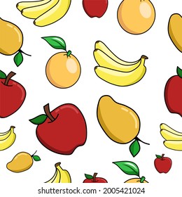 Fruit background vector illustration. Apple, banana, mango and orange seamless pattern Fruits seamless pattern vegetarian healthy summer background.