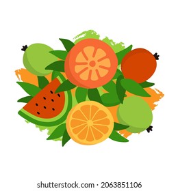 Obsthintergrund, Vektorgrafik mit bunten Äpfeln, Grapefruits, Orange, Wassermelone mit Grün. Für Marketing- oder Shopping-Zeichen, Paket, Karte.