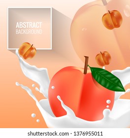 Fruit background vector.Peach yogurt ads with milk and fruit jam splashing in the air on orange background 