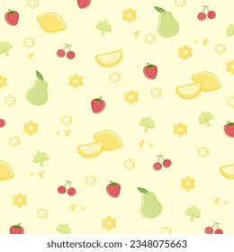 Fruit background, wallpaper, backdrop, ad template, banner, social media post, gift wrap, packaging, fabric print with strawberry, lemon, cherry, pear and flowers. Pastel yellow background colour.