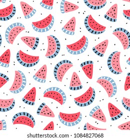 
Fruit Background with Watermelons. Abstract Seamless Pattern with Watermelon Slices. Colorful Tropical Fruits Wallpaper. Healthy Summer Food Background